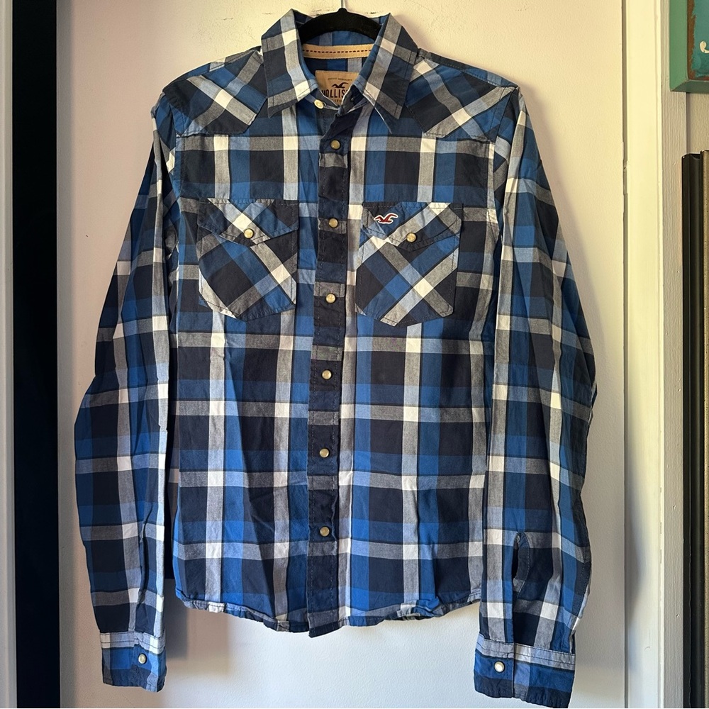Hollister Blue and White Checkered Plaid Button Up Shirt size medium